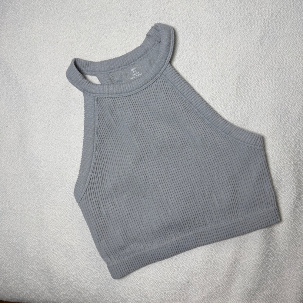 Aerie Real Good Grey Ribbed High Neck Racerback Tank Top Womens Size M
